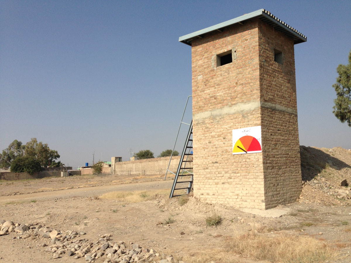 THREAT ALERT, YELLOW: A watchtower at the headquarters of the 9th Division in Wana, South Waziristan, with a newly installed alert-o-meter. Most of the attacks in South Waziristan are now limited to IEDs and not direct assaults on army installations, though a recent 'complex attack' on a brigade headquarters in Sararogha lasted for hours. | Wajahat S. Khan embedded story. Dawn Dec 22.2013 http://www.dawn.com/news/1075596